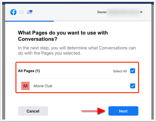 Elija pages de Facebook para conectarse y haga clic en siguiente.png