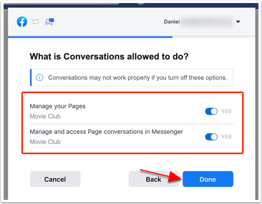 Confirm that Conversations can manage the Facebook pages and click done.png