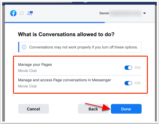 Confirma que Conversaciones puede administrar pages de Facebook y haz clic en Listo.png
