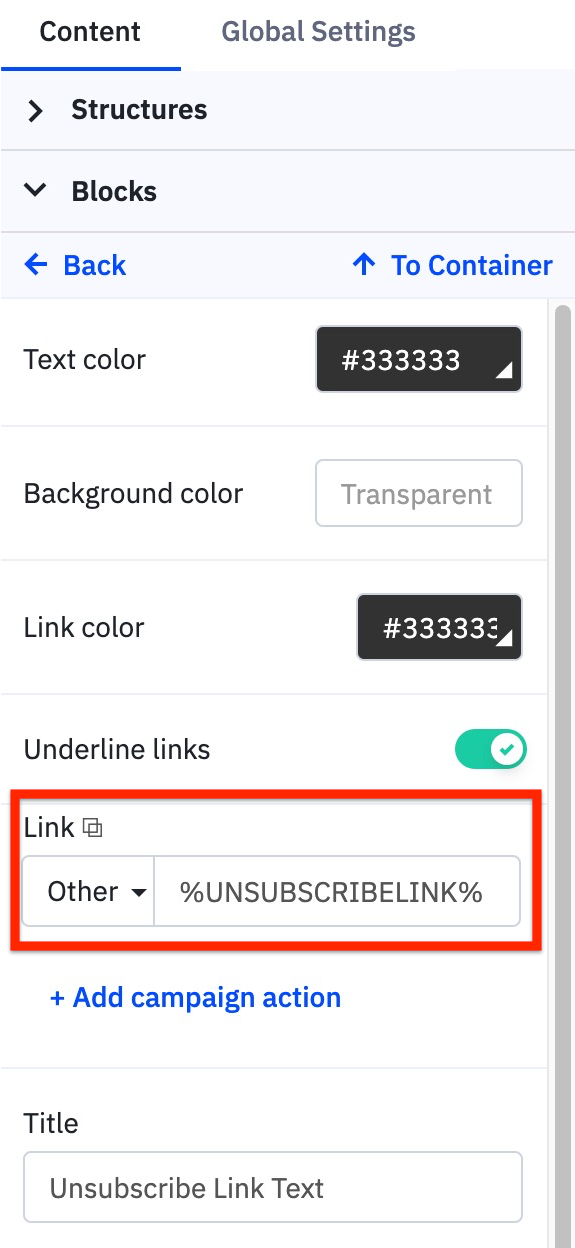 Example in right panel in the link section type %UNSUBSCRIBELINK%.jpg