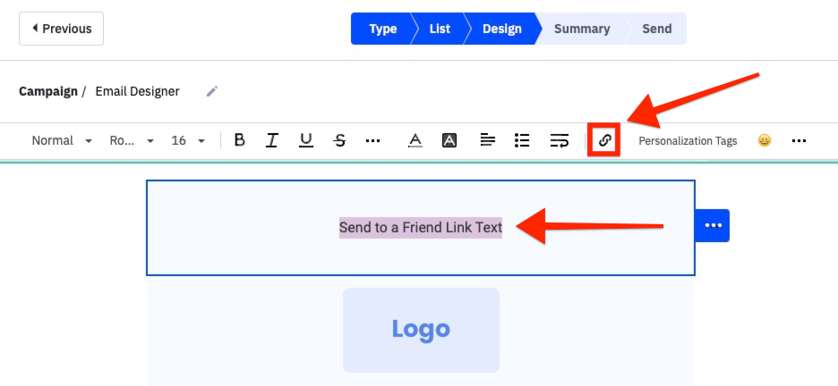 Highlight the text and click the link icon in the Email Designer.jpg