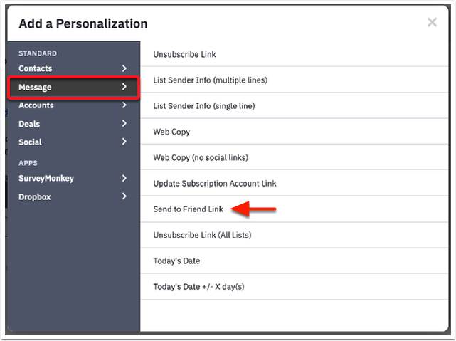 In the Add a Personalization modal click Message and then click Send to a Friend Link.png