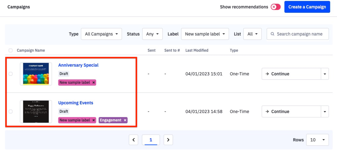 Example of filtered campaigns filtered with the New sample label .jpg